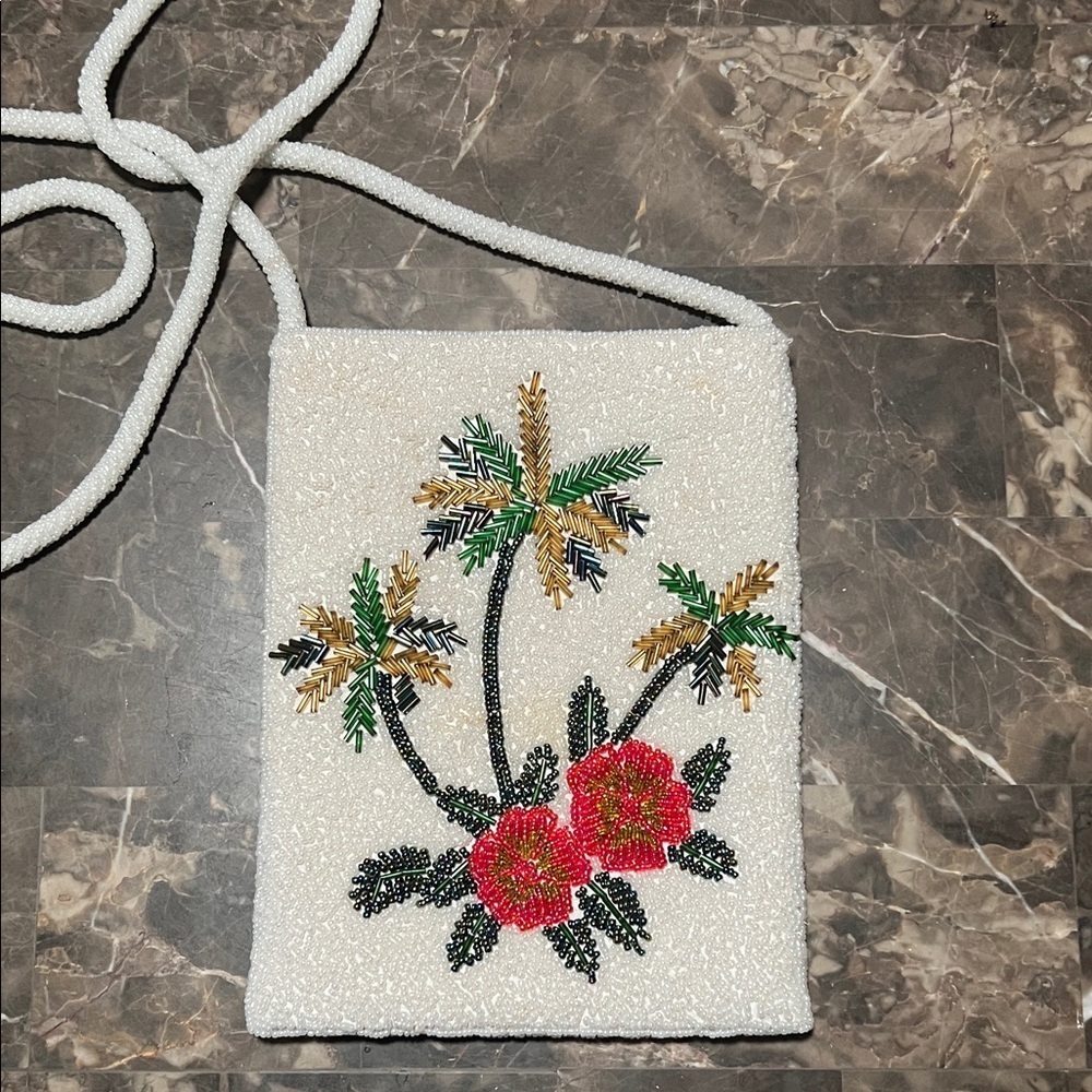Floral Embellished White Beaded Bag